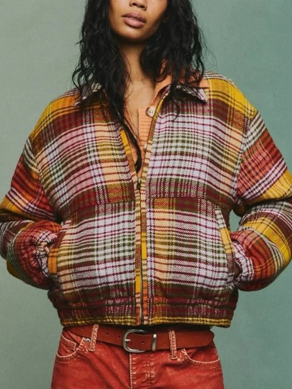 NWT Free People Birdie Flannel Track Jacket in Foliage